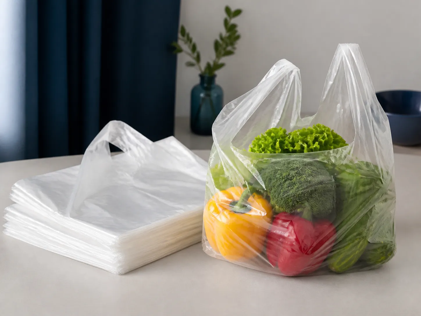 Compostable-style carry bag with handles holding fresh vegetables