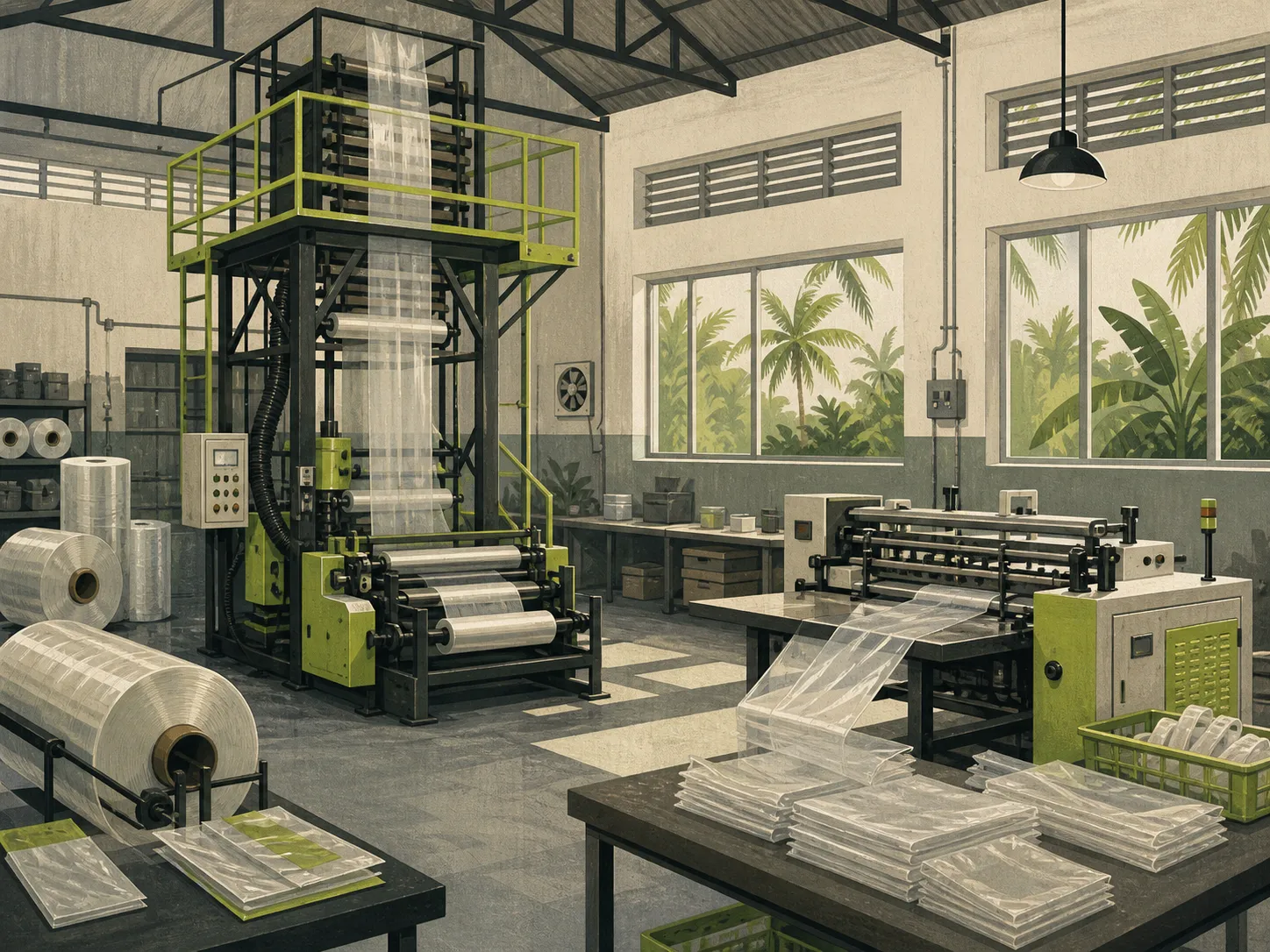 Illustration of a polymer manufacturing workshop with film extrusion and bag-making equipment